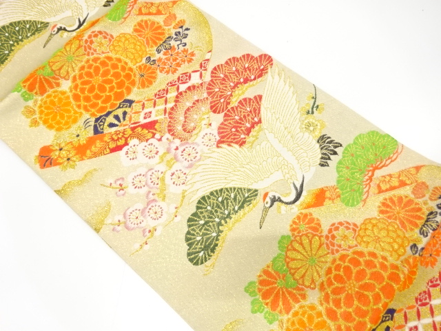 JAPANESE KIMONO / ANTIQUE MARU OBI / WOVEN CRANE WITH KIKU & UME